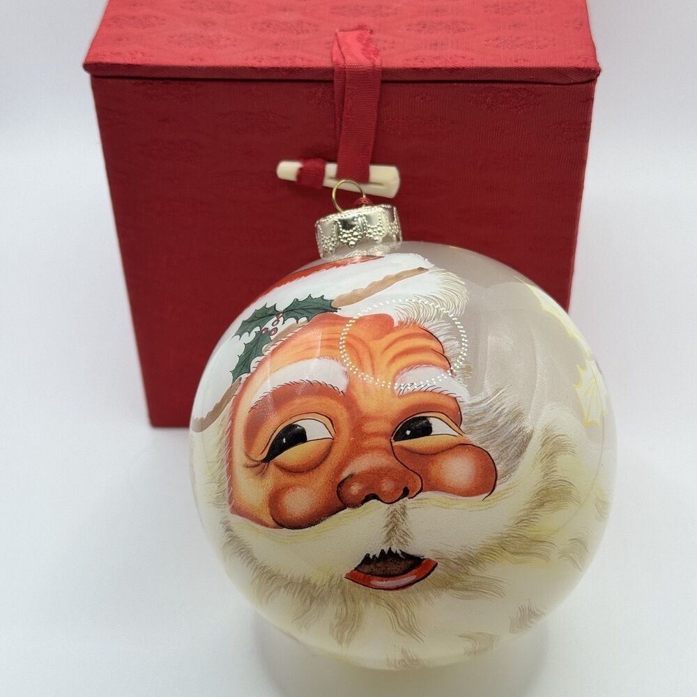 Vintage 2001 FIGI Inside Art Winter Santa Reverse Painted Glass Ornament w/ Box
